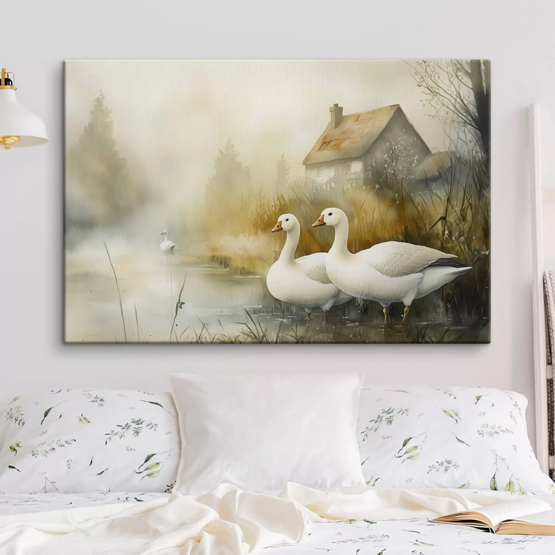 Tablouri Gâște în lac lângă fermă, rustic, stil acuarelă s44022