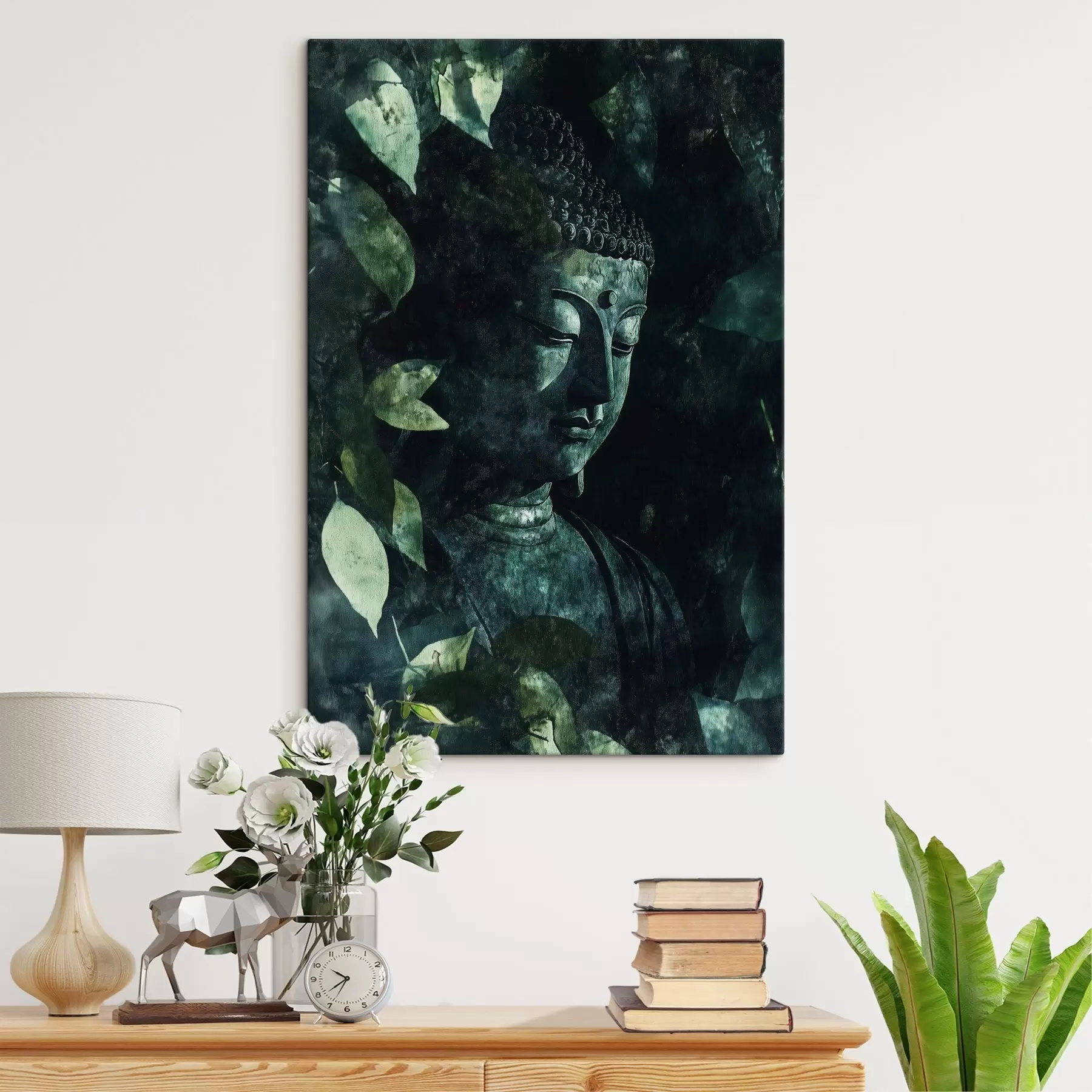 Tablouri Buddha meditativ în frunze verzi, spiritual s44029