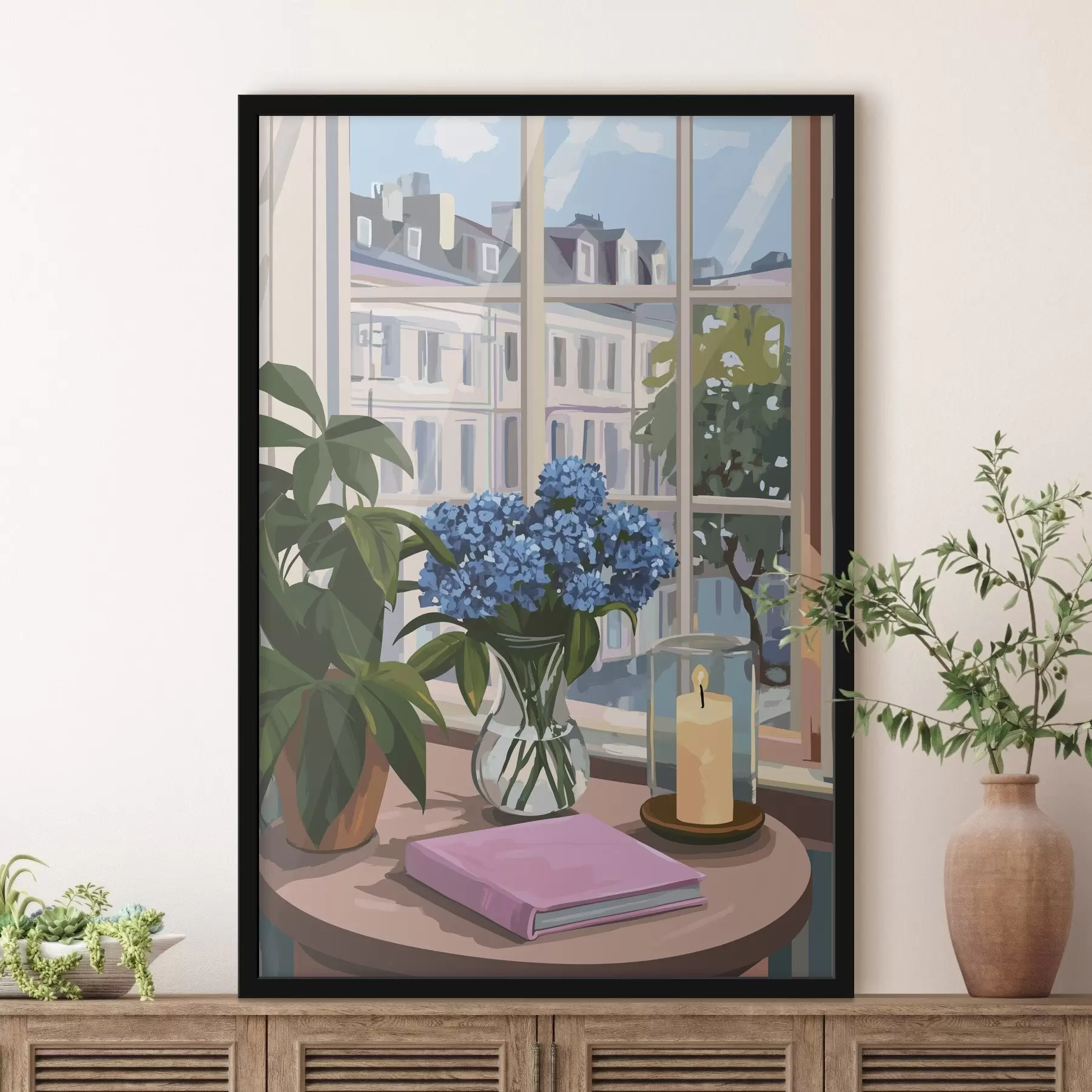 Tablouri Hortensii în vază, vedere la fereastră, lumânare, casă confortabilă f44009