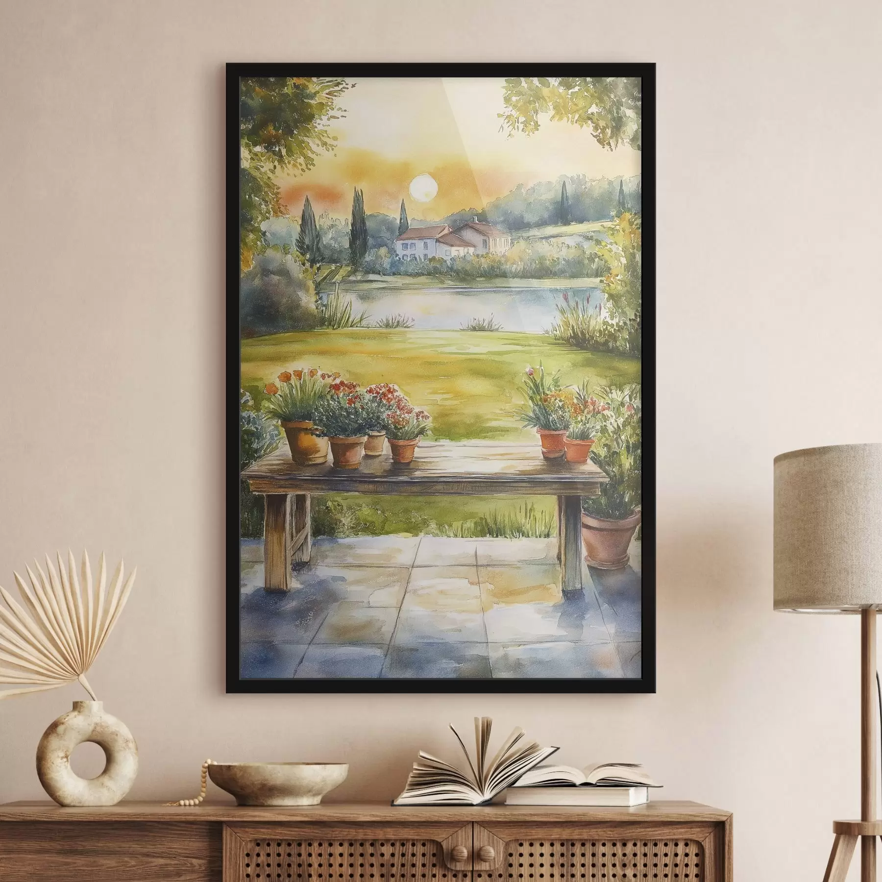 fototapet Sat pe apus de soare, rustic, flori de vară, lac, stil acuarelă f44016