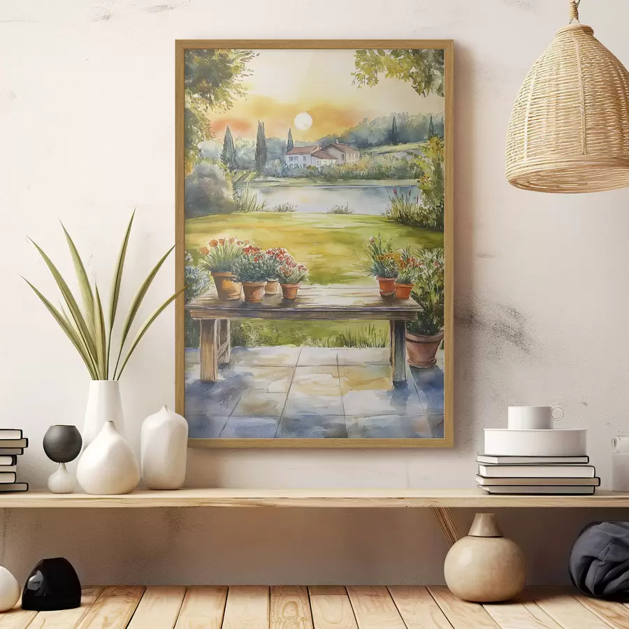 fototapet Sat pe apus de soare, rustic, flori de vară, lac, stil acuarelă f44016