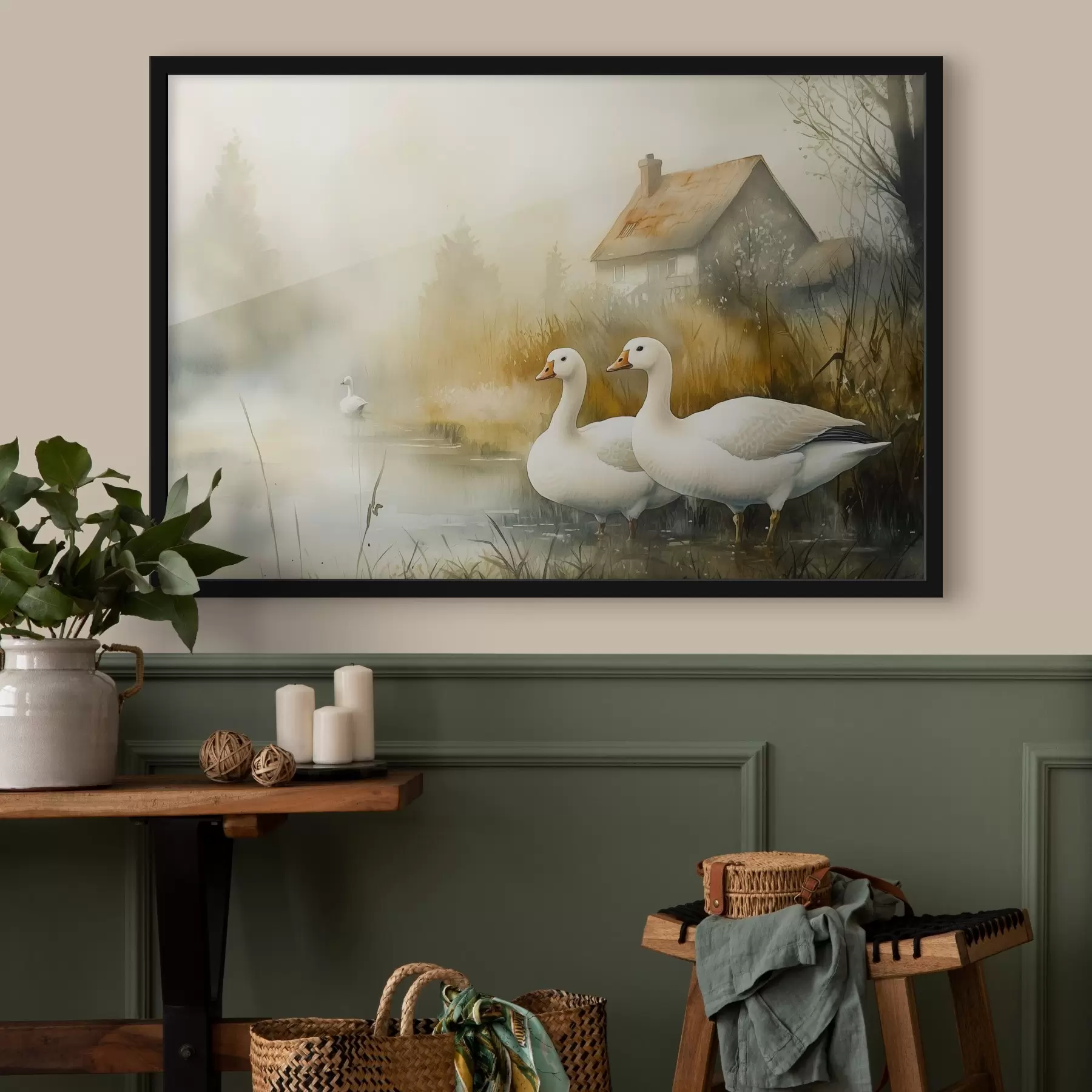 fototapet Gâște în lac lângă fermă, rustic, stil acuarelă f44022
