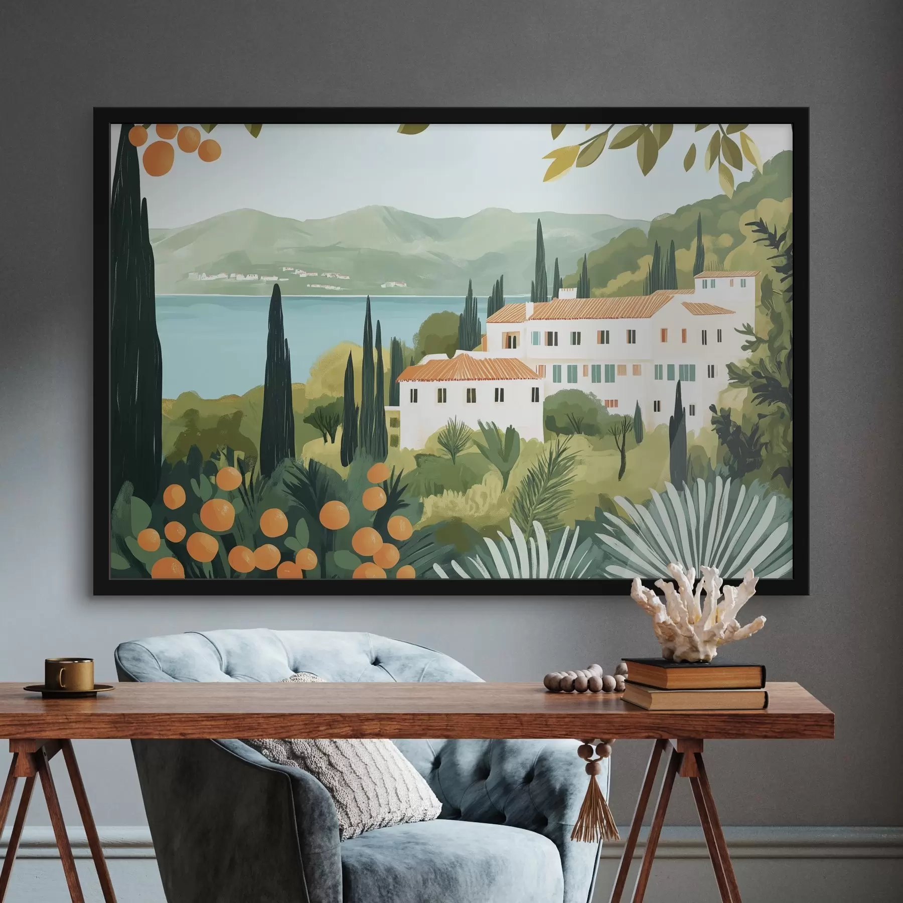 Tablouri Peisaje mediteraneene cu portocali și case, coasta mării f44027