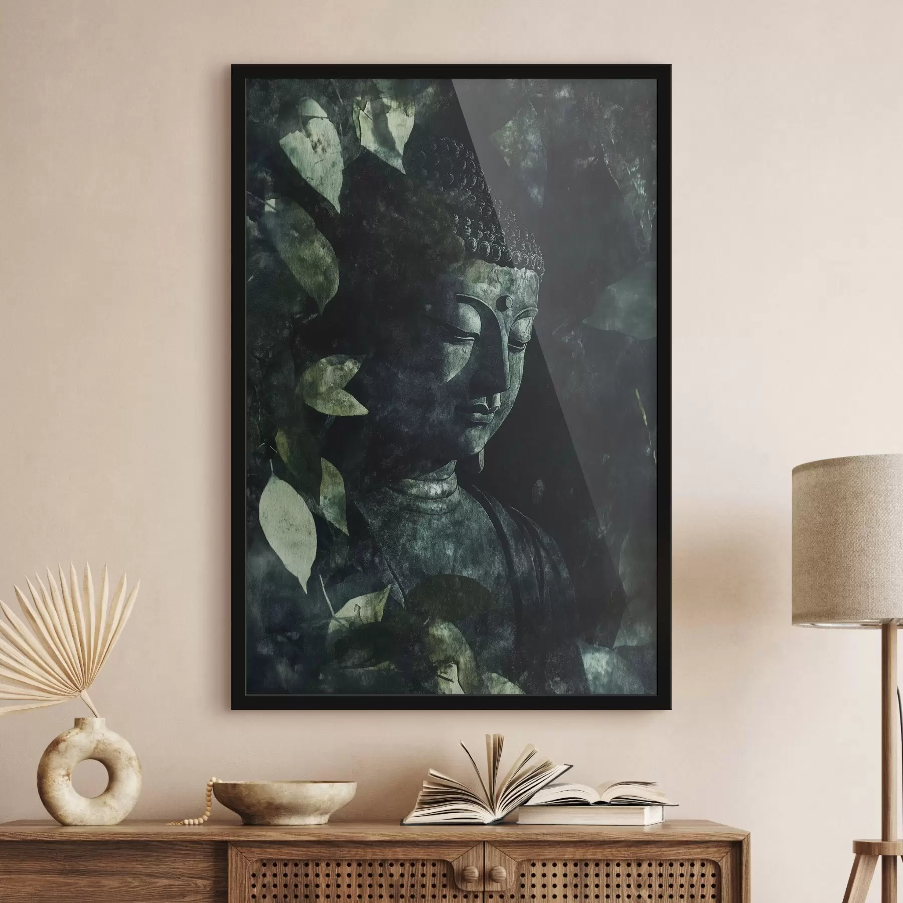 Tablouri Buddha meditativ în frunze verzi, spiritual f44029