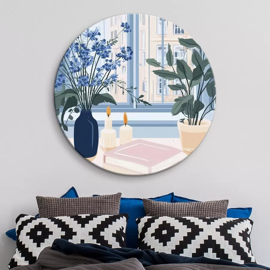 Tablouri Casă confortabilă cu flori și vedere la fereastră, arhitectură, culori albastre r44010