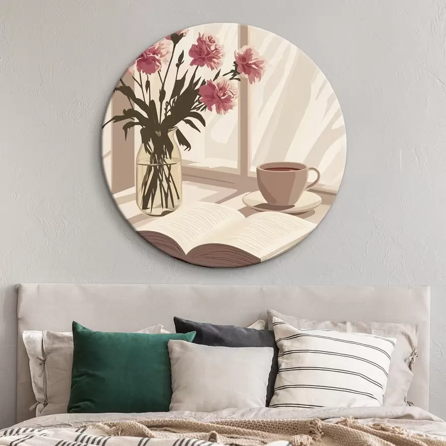 Tablouri Estetică de dimineață, ceașcă de cafea, carte, flori de garoafă r44012