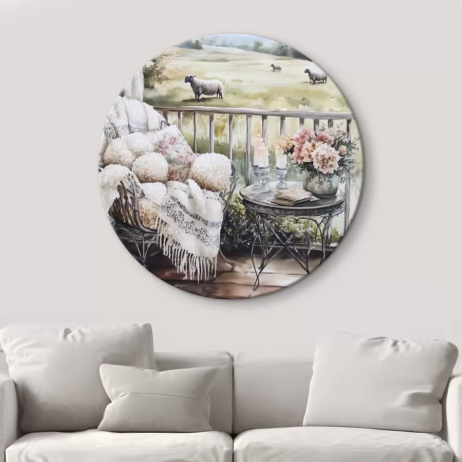 Tablouri Fermă rurală cu oi, câmpuri, flori rustice, stil acuarelă r44014