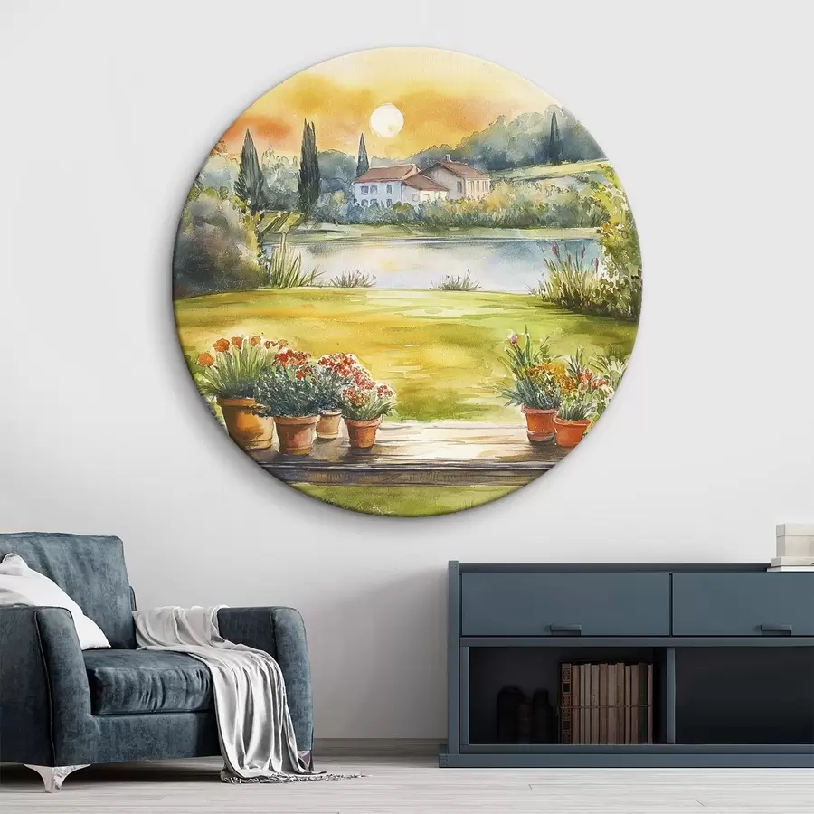 Tablouri Sat pe apus de soare, rustic, flori de vară, lac, stil acuarelă r44016