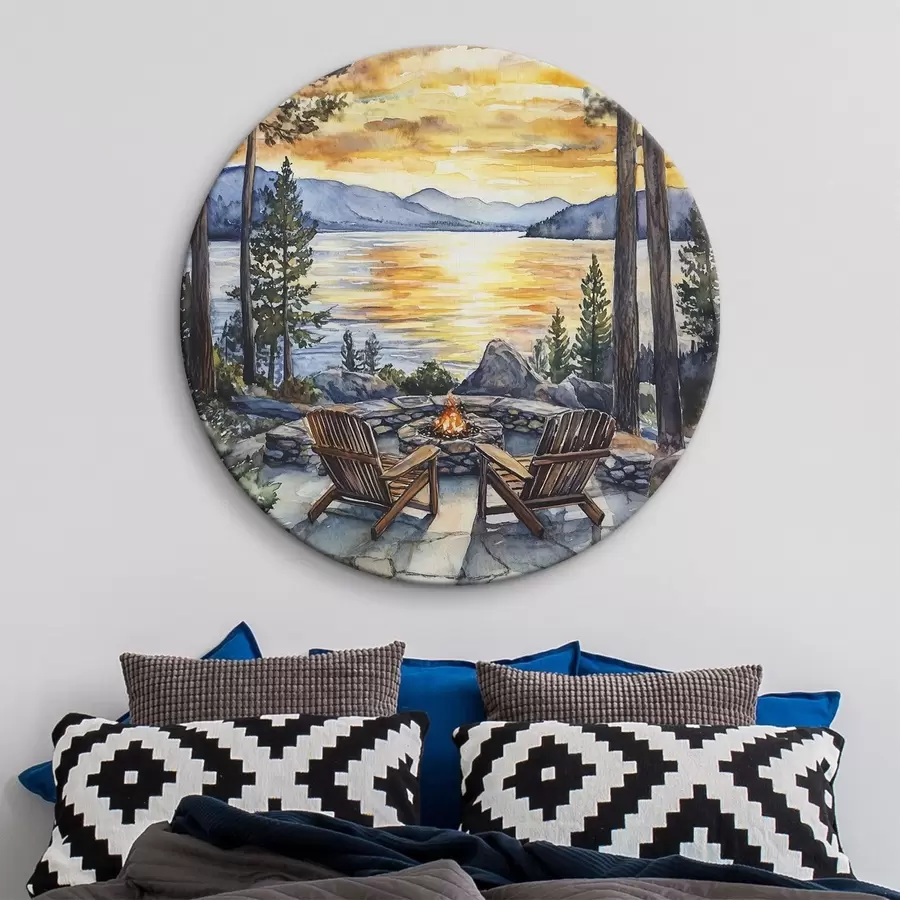 Tablouri Lac cu munți pe apus de soare, călătorie, șemineu confortabil, acuarelă r44018