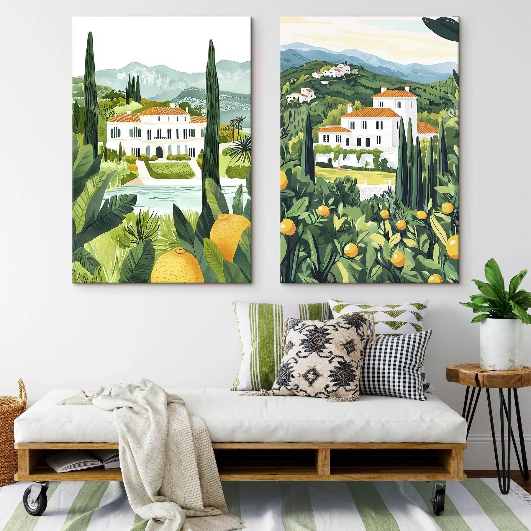 Tablouri Peisaje mediteraneene cu copaci și case, coasta mării, Spania m00450