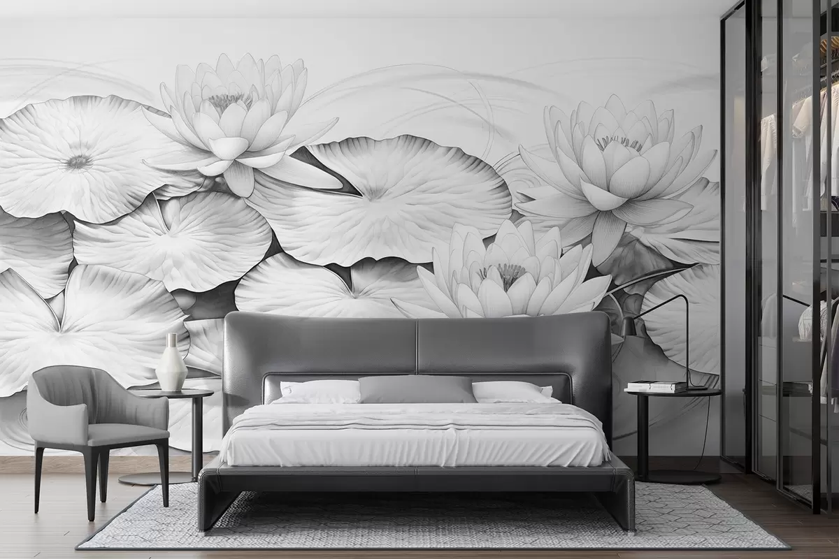 fototapet Nuferi și nuferi într-un iaz, imitație alb-negru a desenului în creion, ilustrație botanică detaliată, artă a naturii w09006