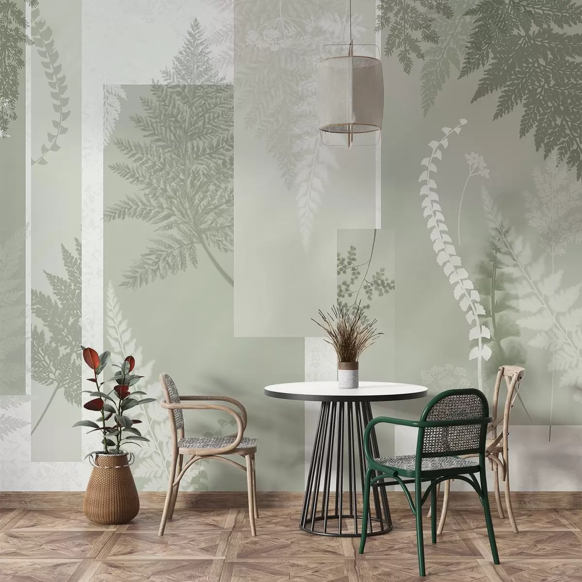 fototapet Frunze de ferigă în verde și alb, aranjate în dungi verticale, creând un imprimeu botanic și minimalist, culori moi și atenuate w09007v2