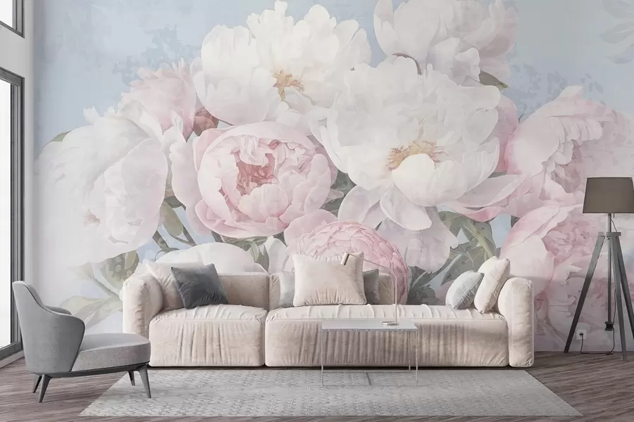 fototapet Peonii abstracte texturate roz și albe cu frunze verzi, fundal albastru deschis, culori moi și delicate, stil vintage w09008