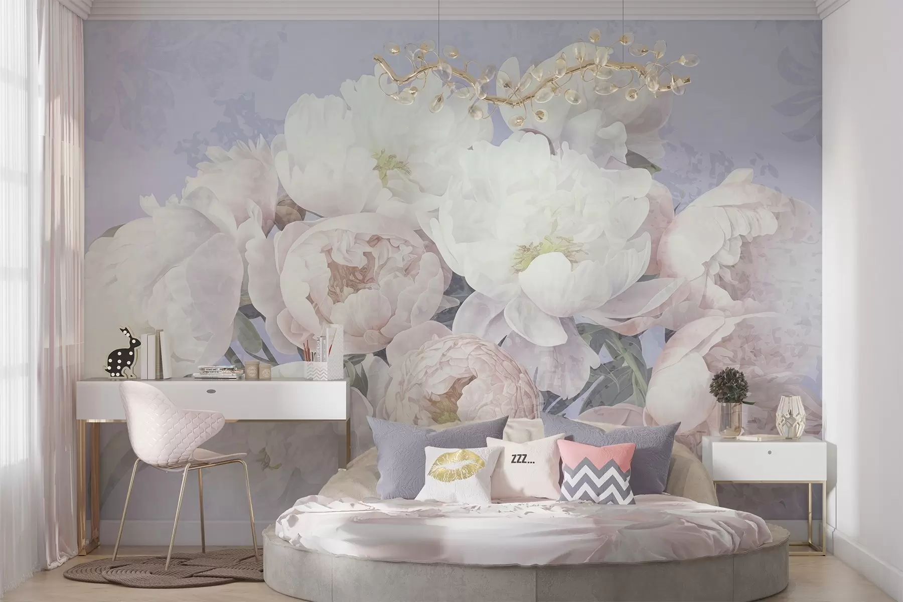 fototapet Piersici abstracte texturate, albe și piersici cu frunze verzi, fundal deschis, culori moi și delicate, stil vintage w09008v1