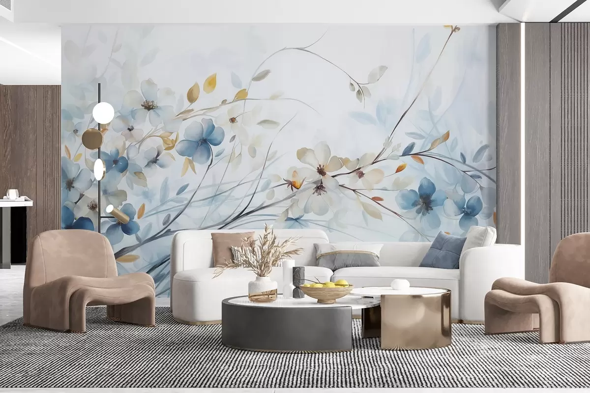 fototapet Aranjament floral cu frunze albastre, portocalii și flori albe, petale delicate, ramuri subțiri, culori moi, efect de acuarelă w09009