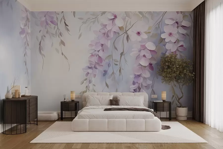 fototapet Wisteria flori cu petale liliac și frunze verzi agățat de ramuri, culori pastelate moi, fundal colorat pastel w09010