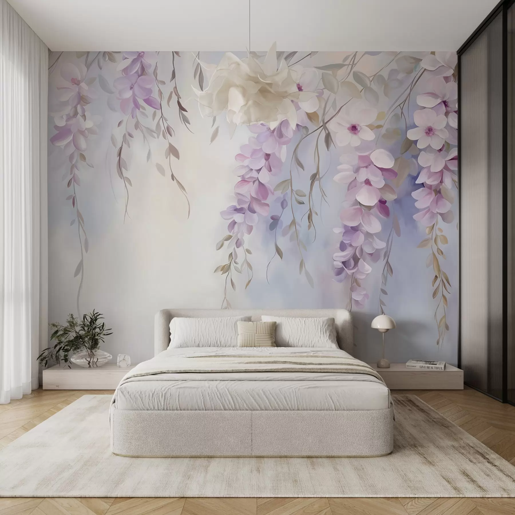 fototapet Wisteria flori cu petale liliac și frunze verzi agățat de ramuri, culori pastelate moi, fundal colorat pastel w09010