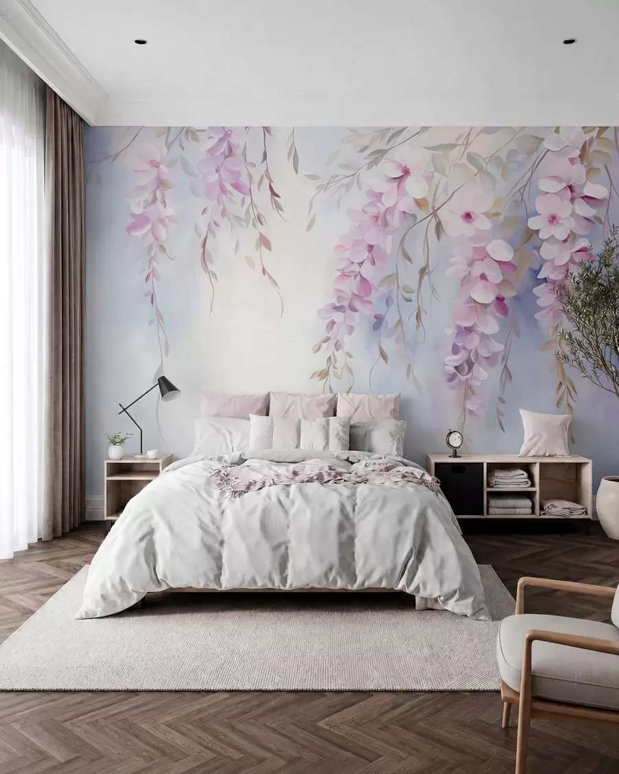 fototapet Wisteria flori cu petale liliac și frunze verzi agățat de ramuri, culori pastelate moi, fundal colorat pastel w09010