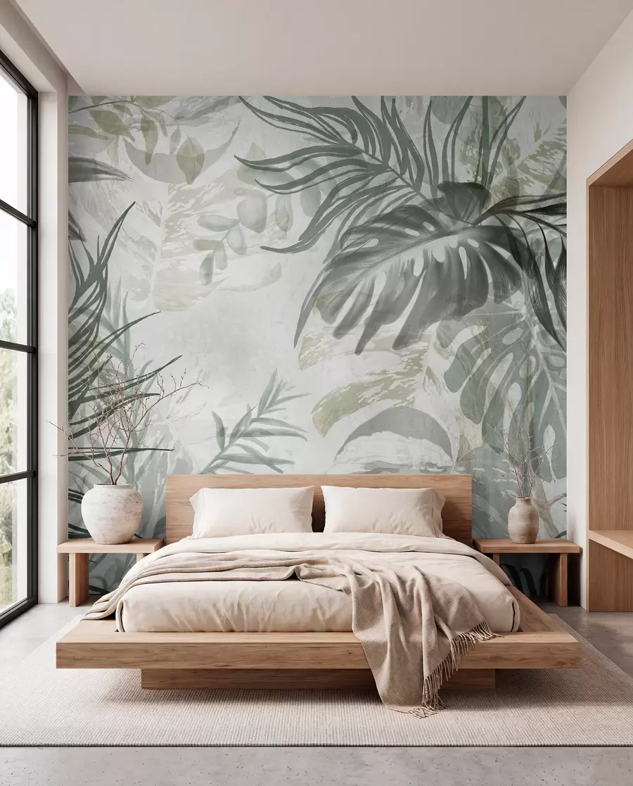 fototapet Monstera și frunze de palmier în nuanțe de verde și gri, botanică, frunze tropicale, plante junglă, fundal texturat w09011