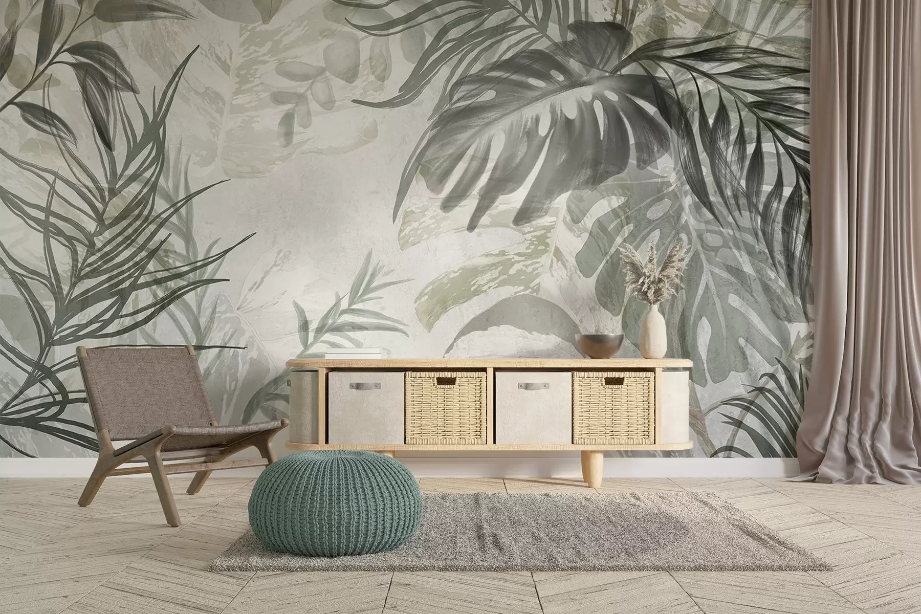 fototapet Monstera și frunze de palmier în nuanțe de verde și gri, botanică, frunze tropicale, plante junglă, fundal texturat w09011