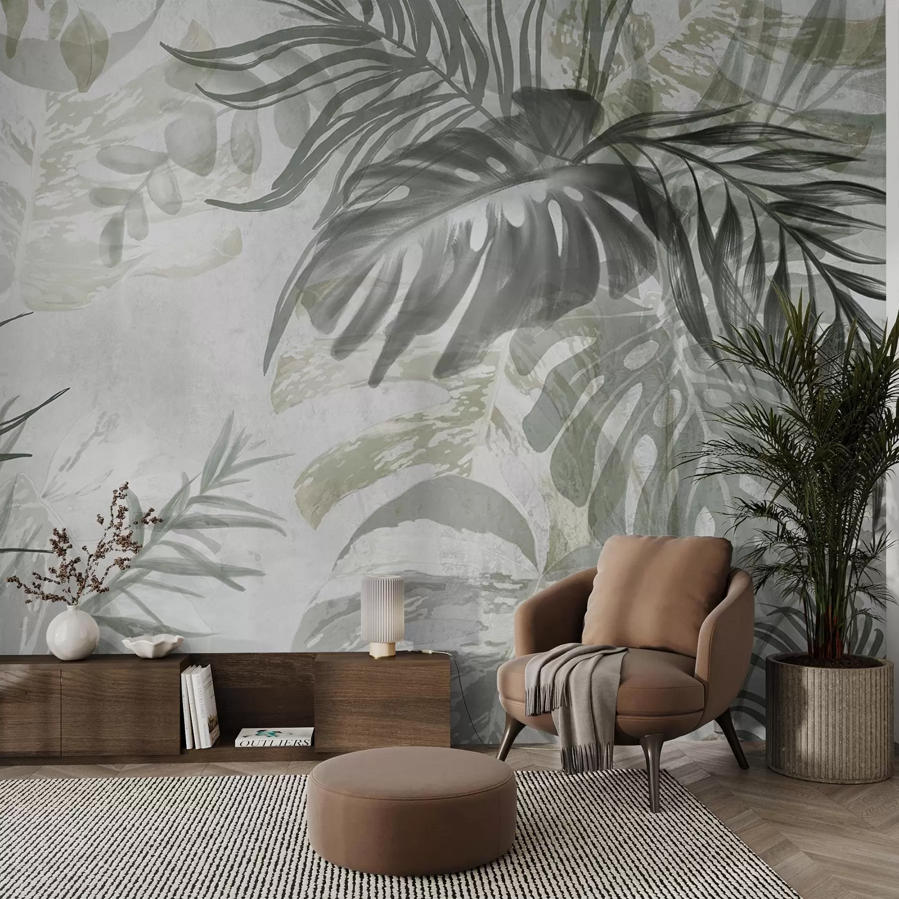 fototapet Monstera și frunze de palmier în nuanțe de verde și gri, botanică, frunze tropicale, plante junglă, fundal texturat w09011