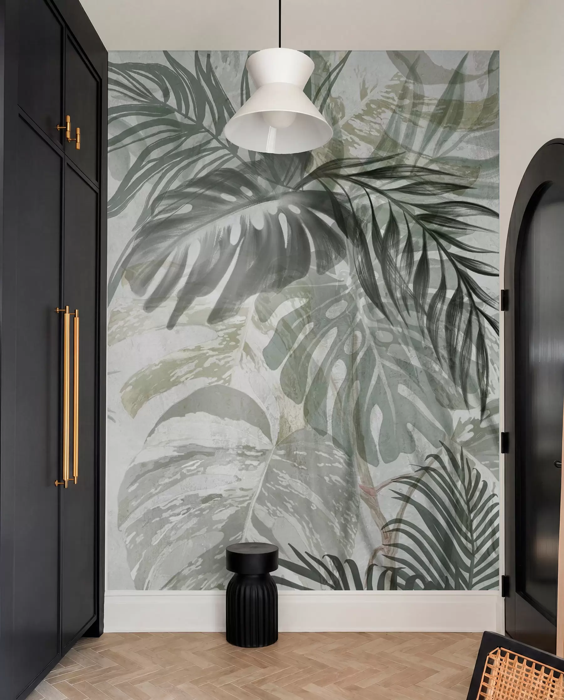fototapet Monstera și frunze de palmier în nuanțe de verde și gri, botanică, frunze tropicale, plante junglă, fundal texturat w09011