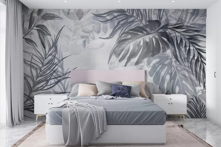fototapet Monstera și frunze de palmier în nuanțe de albastru și gri, botanică, frunze tropicale, plante junglă, fundal texturat w09011v1