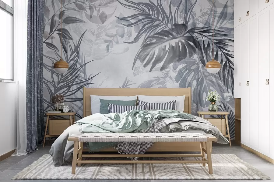 fototapet Monstera și frunze de palmier în nuanțe de albastru și gri, botanică, frunze tropicale, plante junglă, fundal texturat w09011v1