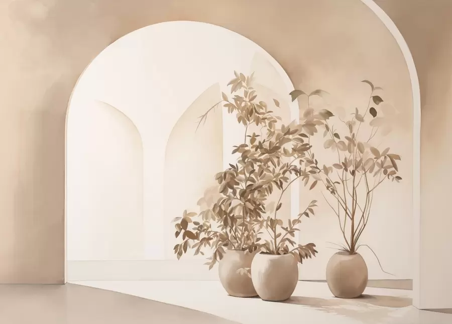 fototapet Plante în ghivece cu tonuri bej în fața arcurilor abstracte, stil minimalist, elegant și curat, fundal neutru w09013