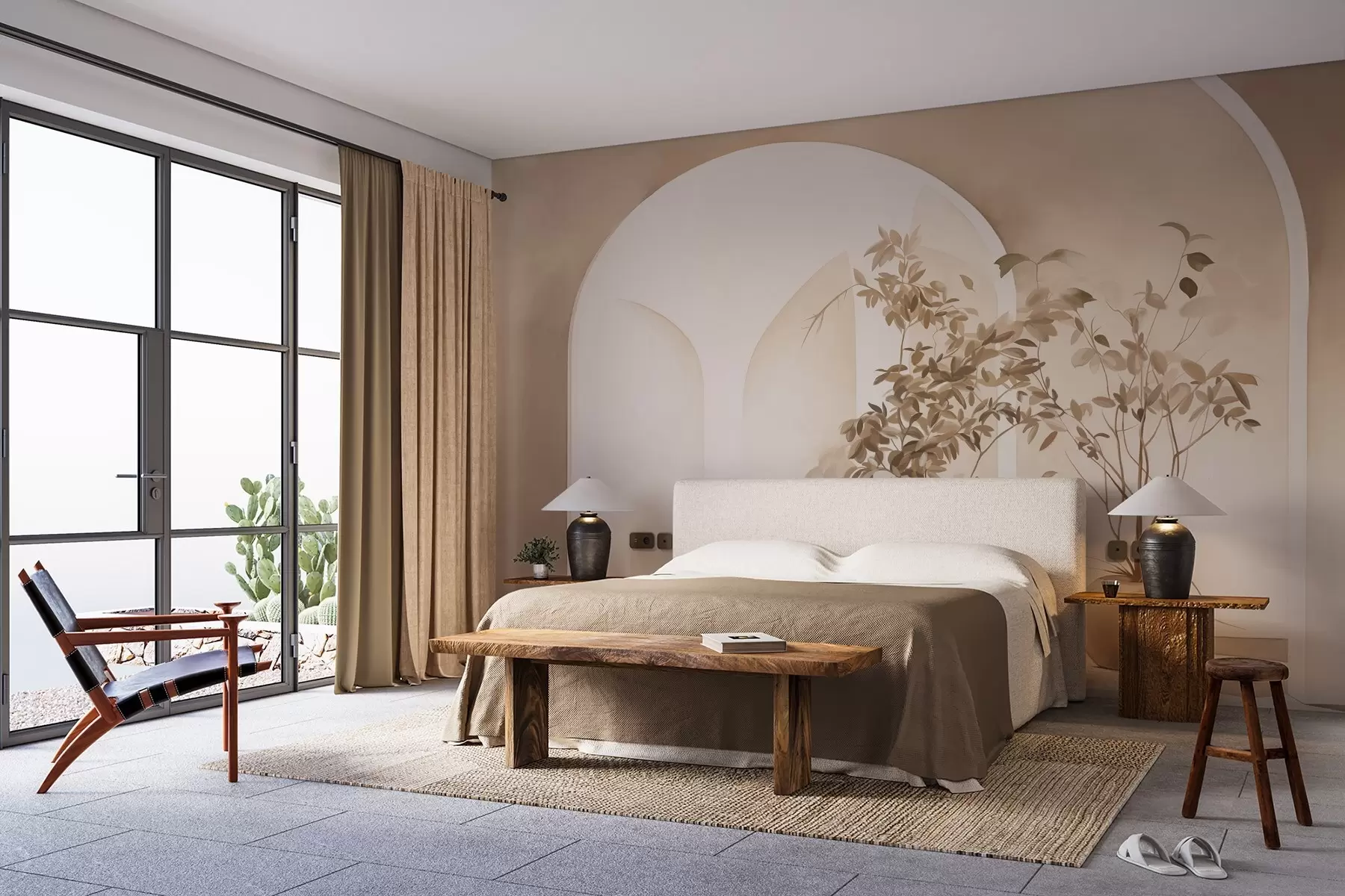 fototapet Plante în ghivece cu tonuri bej în fața arcurilor abstracte, stil minimalist, elegant și curat, fundal neutru w09013