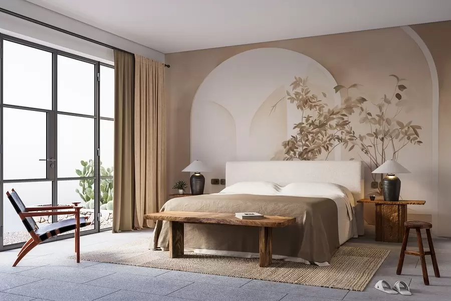 fototapet Plante în ghivece cu tonuri bej în fața arcurilor abstracte, stil minimalist, elegant și curat, fundal neutru w09013