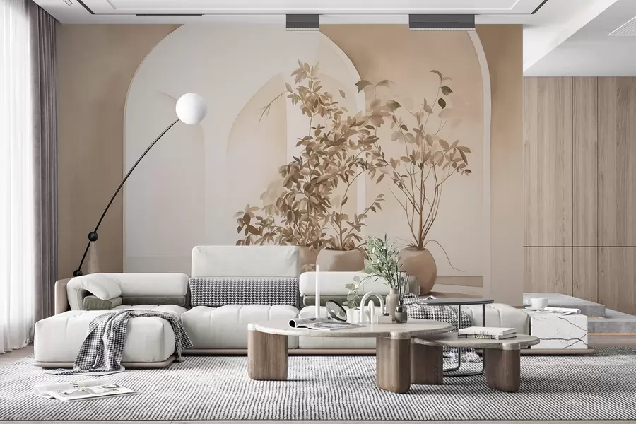 fototapet Plante în ghivece cu tonuri bej în fața arcurilor abstracte, stil minimalist, elegant și curat, fundal neutru w09013