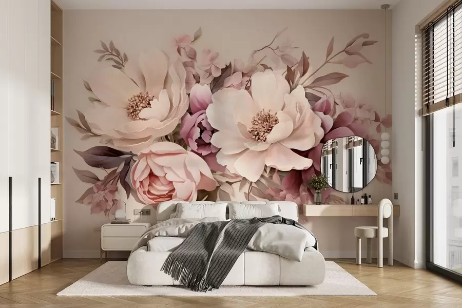 fototapet Compoziție delicată de flori roz și bej, bujori cu frunze w09019