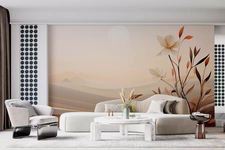 fototapet Floare în creștere pe un fundal de deșert și munți w09044