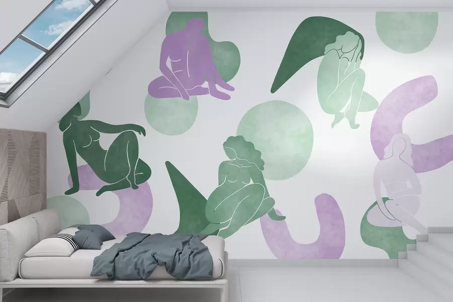 fototapet Abstracții geometrice cu siluete feminine, stil boho, violet, verde w03753v4