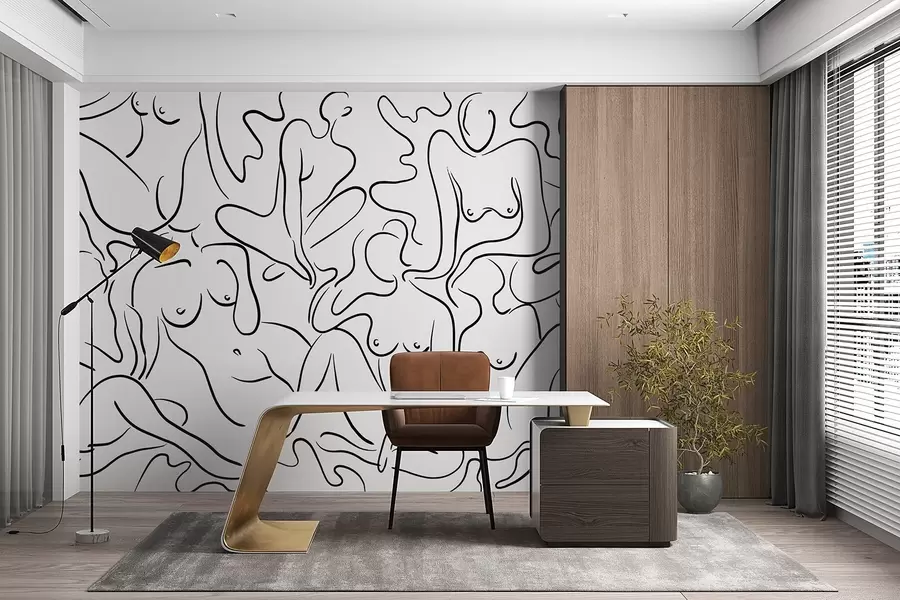 fototapet Linie de desen siluete de corpuri de femei, abstracție, culoare neagră w03755