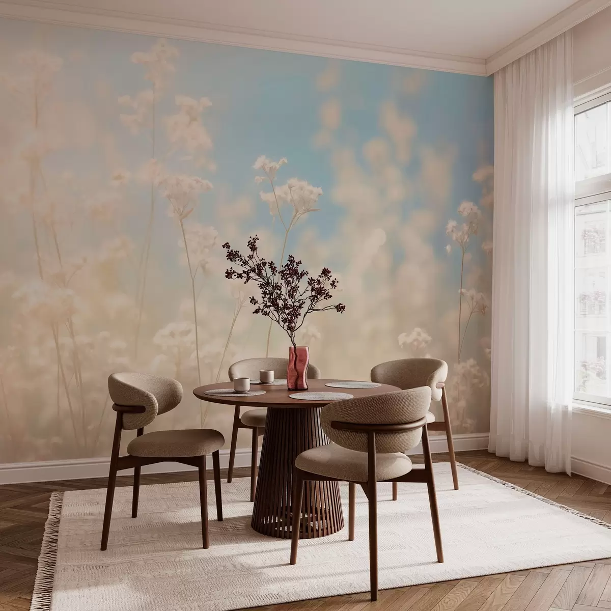 fototapet Câmp delicat de flori uscate în lumina încețoșată a soarelui w03801