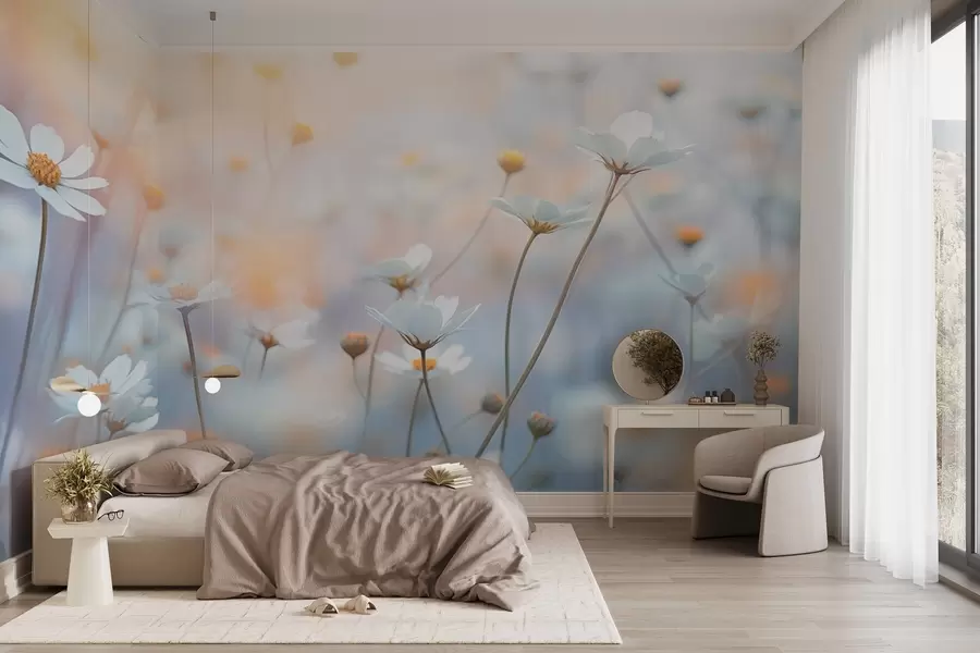 fototapet Flori albastru deschis cu lumină caldă de seară w03802