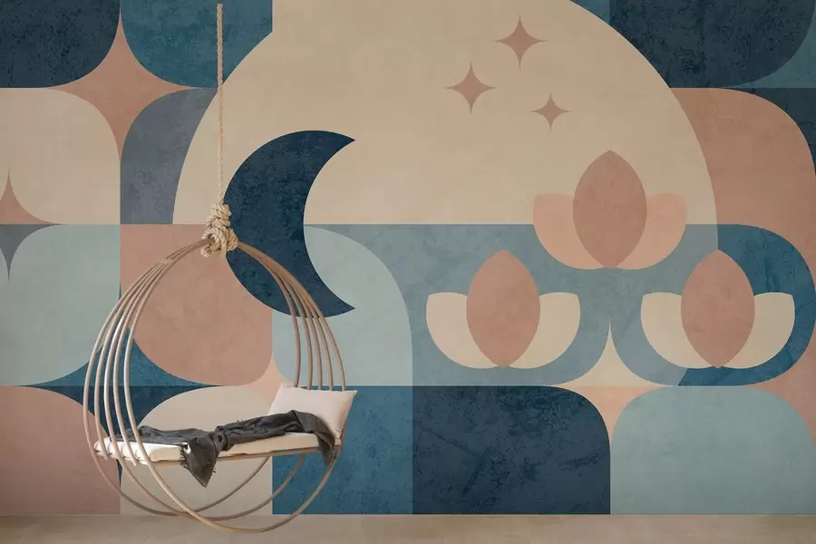 fototapet abstracție geometrică, în care formele moi se împletesc ușor cu simboluri ale lunii, florilor și stelelor w03723