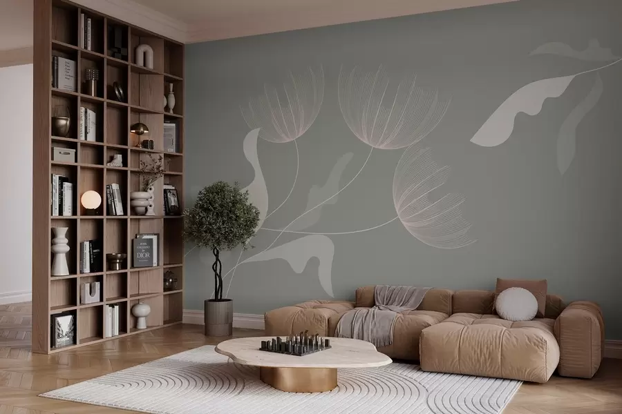 fototapet flori elegante minimaliste în tonuri de verde pe un fundal bej w03763v2