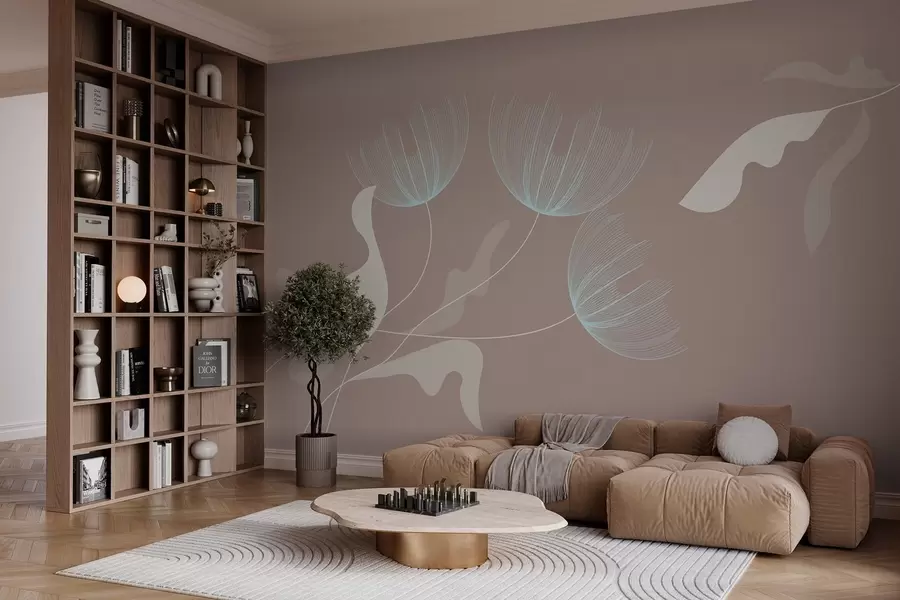 fototapet flori elegante minimaliste în tonuri de alb și albastru pe un fundal moca w03763v3