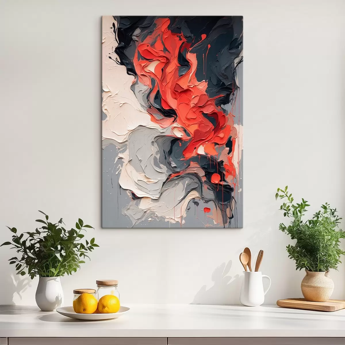 Tablouri Pictură abstractă în ulei în culorile roșu, negru și gri s44079