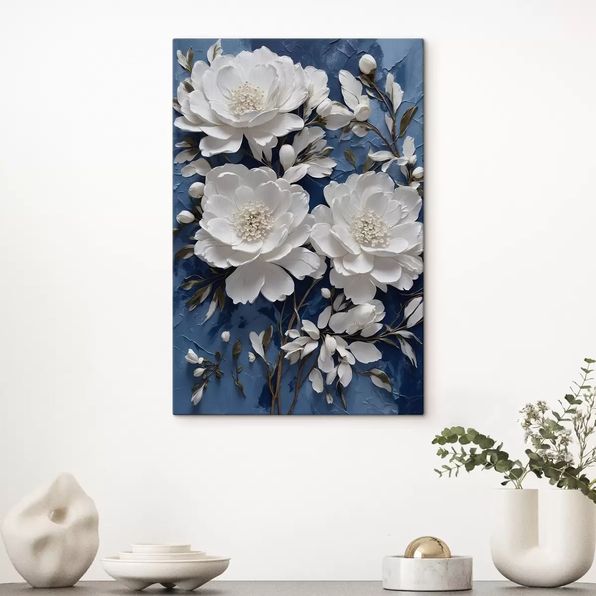Tablouri Flori albe pe fundal albastru pictură în ulei s44091