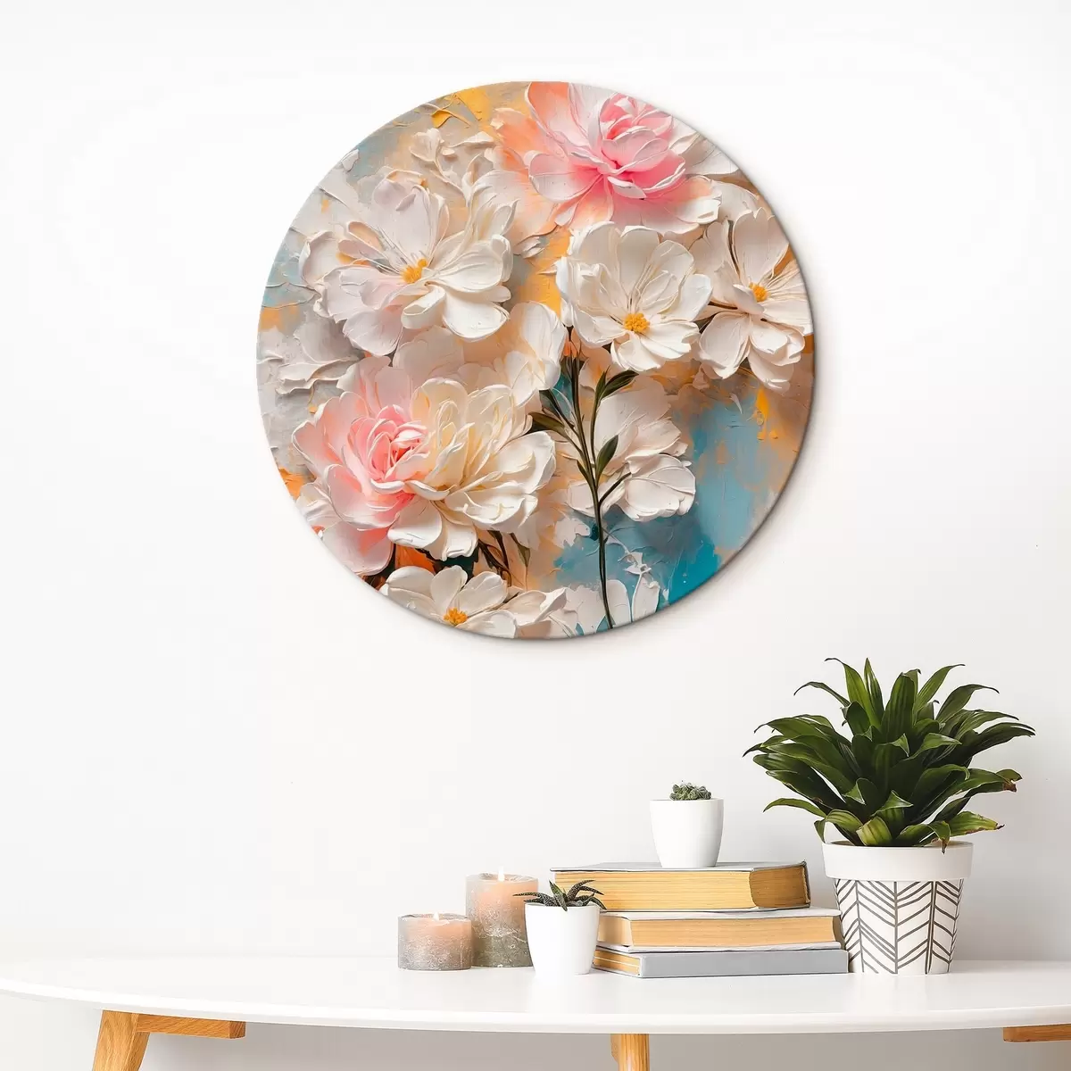 Picturi rotunde Flori albe și roz pe fundal abstract r44066