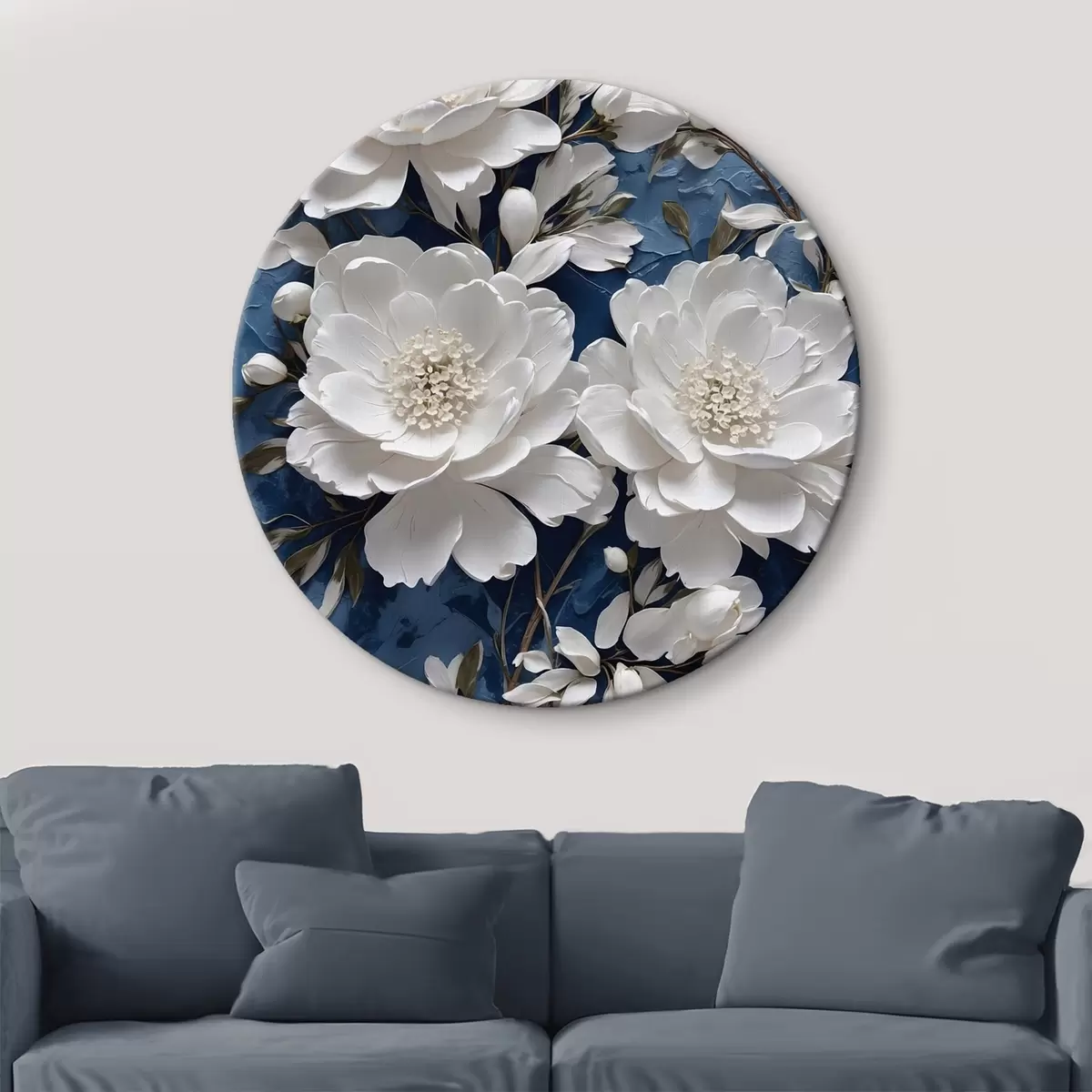 Picturi rotunde Flori albe pe fundal albastru pictură în ulei r44091