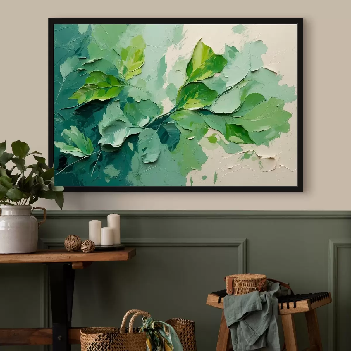 Poster Creangă cu frunze verzi în stilul picturii în ulei f44075