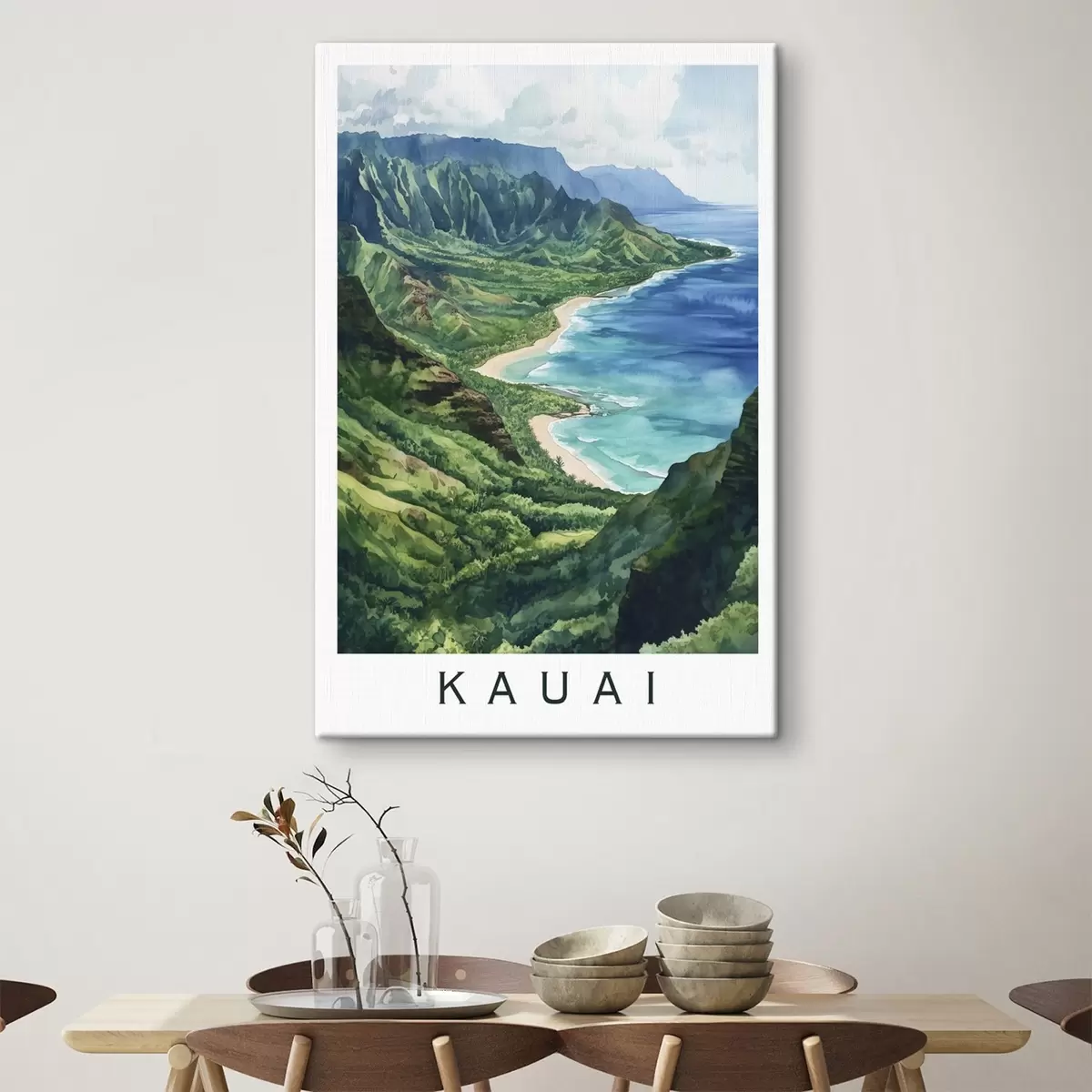 Tablouri Munți verzi, Hawaii, ocean, tropical, stil acuarelă s44143
