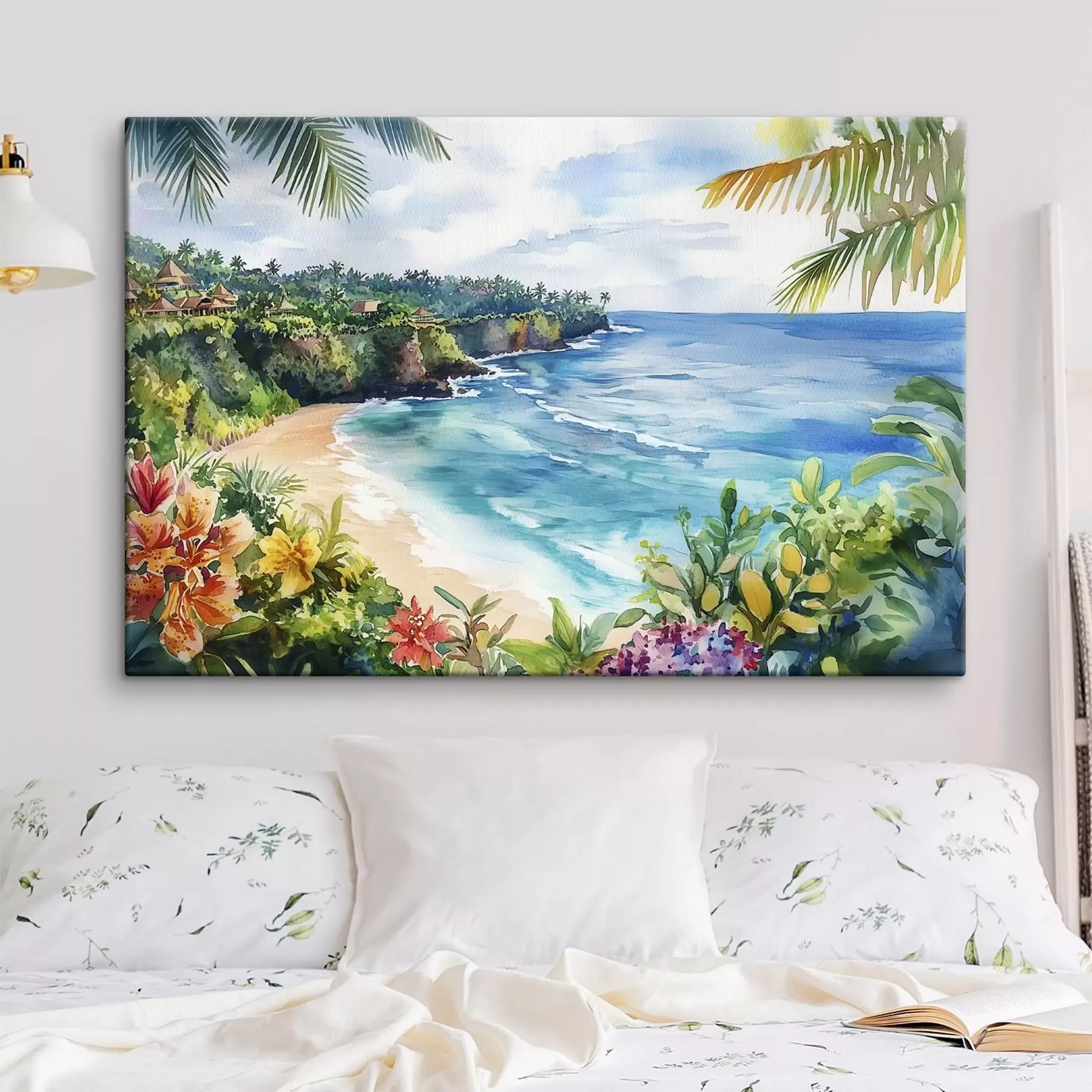 Tablouri Plajă tropicală oceanică, palmieri, flori, stil acuarelă s44145