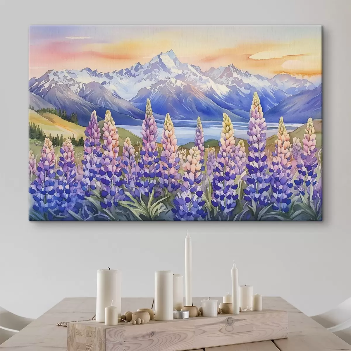 Tablouri Lupin flori, pajiște, munți, stil acuarelă, apus de soare cer s44146