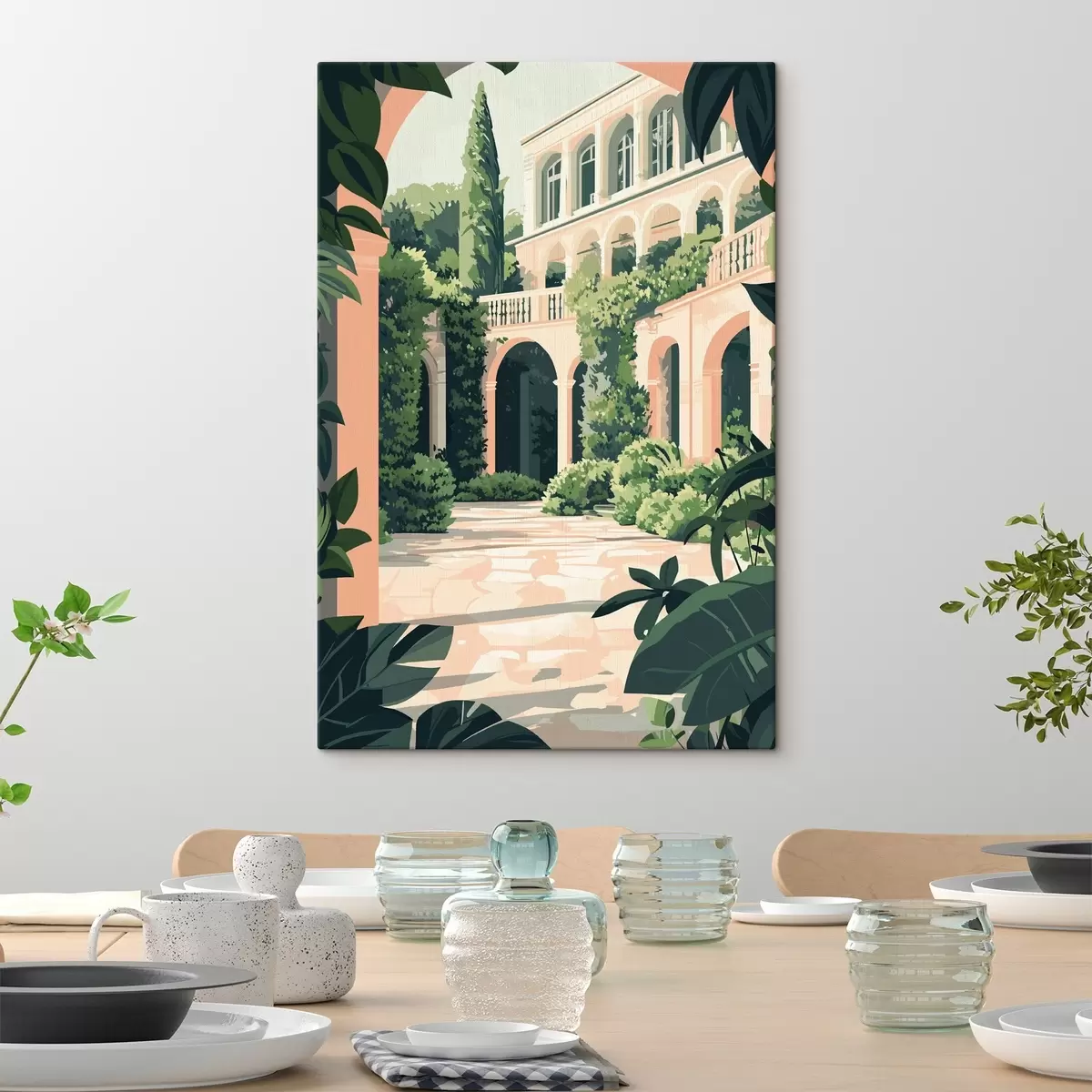 Tablouri Arhitectură mediteraneană, natură tropicală, stil plat, vilă cu grădină s44150